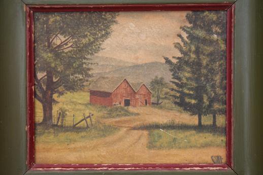 photo of rustic old painted wood frame w/ vintage print, primitive red barn picture #2