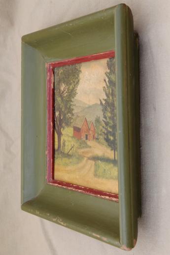 photo of rustic old painted wood frame w/ vintage print, primitive red barn picture #5