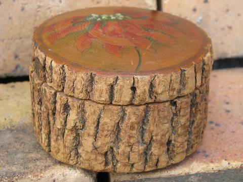 photo of rustic old rough wood bark log box, hand-painted Christmas flower #1