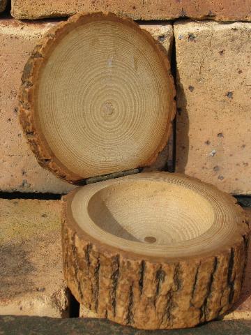 photo of rustic old rough wood bark log box, hand-painted Christmas flower #2