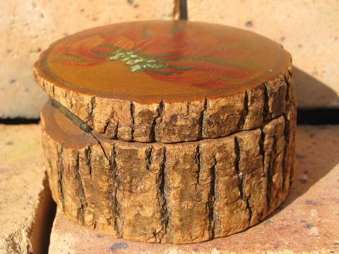 photo of rustic old rough wood bark log box, hand-painted Christmas flower #3