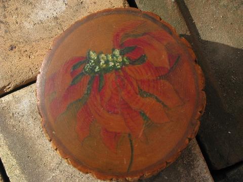 photo of rustic old rough wood bark log box, hand-painted Christmas flower #4