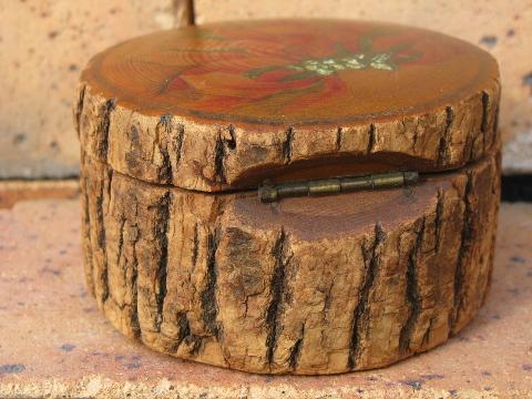 photo of rustic old rough wood bark log box, hand-painted Christmas flower #7