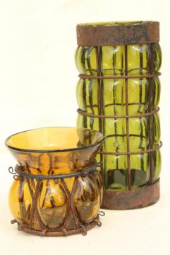 catalog photo of rustic old rusty iron hand blown colored glass vase & hurricane candle holder shade