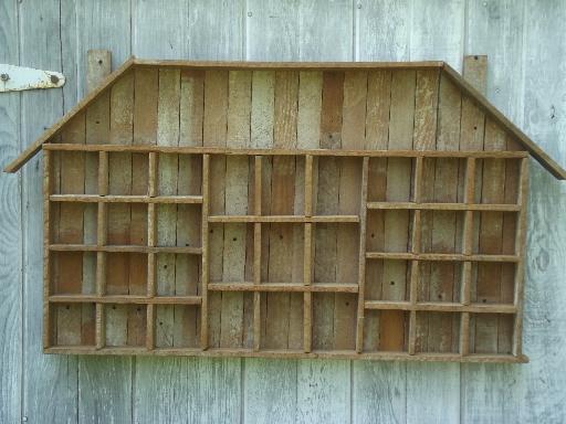 photo of rustic old salvaged wood wall shelf shadow box, type case style display #1