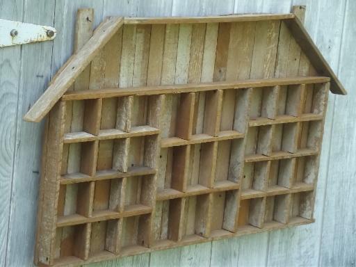 photo of rustic old salvaged wood wall shelf shadow box, type case style display #3