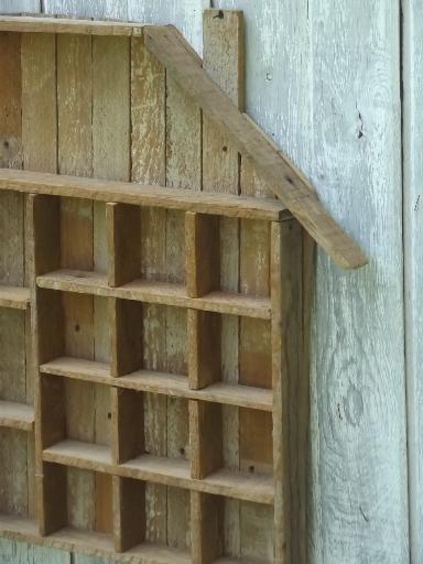 photo of rustic old salvaged wood wall shelf shadow box, type case style display #4