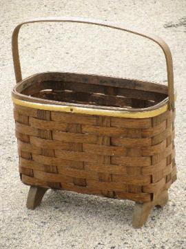 catalog photo of rustic old splint needlework basket for mending, sewing, knitting