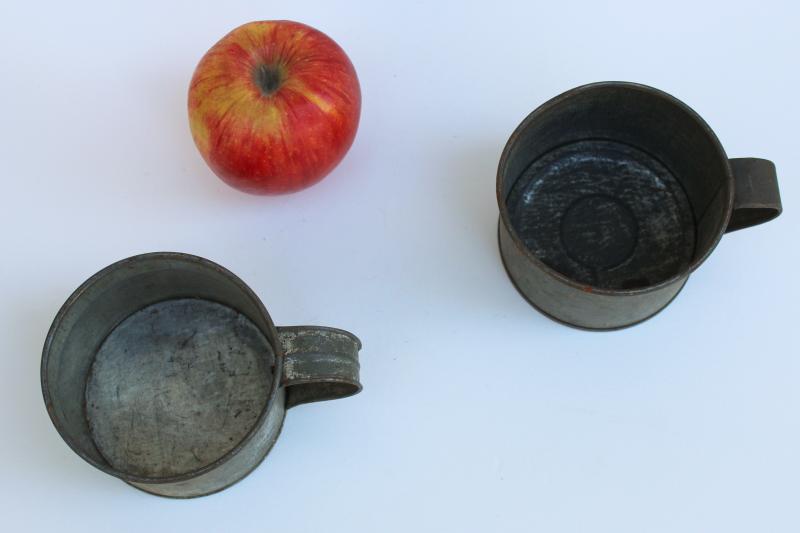 photo of rustic primitive antique tin cups, old metal mugs early 1900s vintage toleware #2