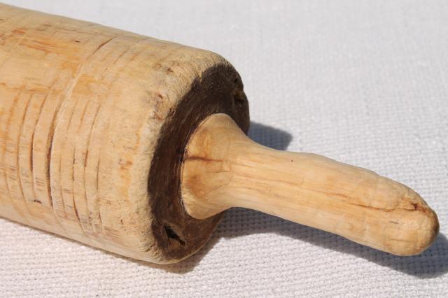 photo of rustic primitive old hand carved wood rolling pin, vintage lefse rolling pin #6