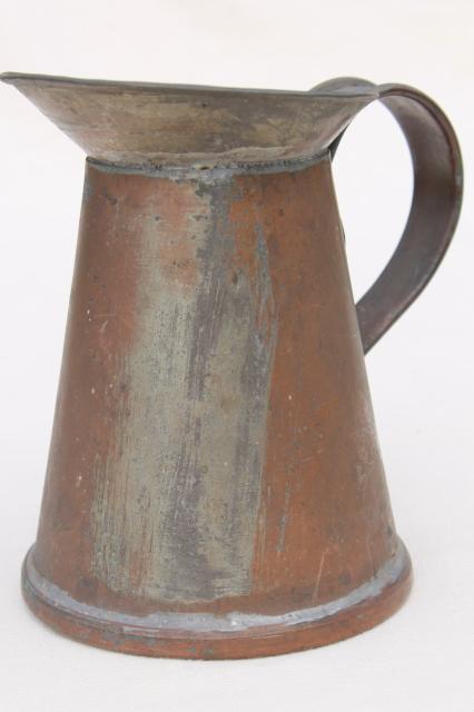 photo of rustic primitive vintage copper pitcher or water jug, hand wrought soldered copper #1