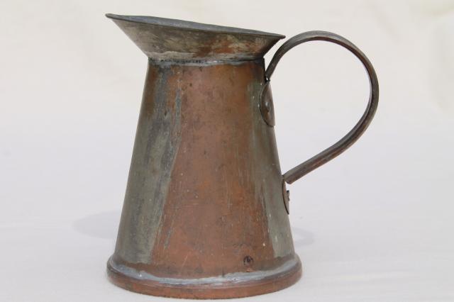 photo of rustic primitive vintage copper pitcher or water jug, hand wrought soldered copper #3