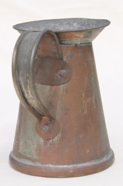 photo of rustic primitive vintage copper pitcher or water jug, hand wrought soldered copper #4