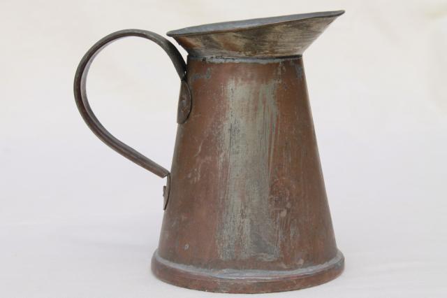 photo of rustic primitive vintage copper pitcher or water jug, hand wrought soldered copper #5