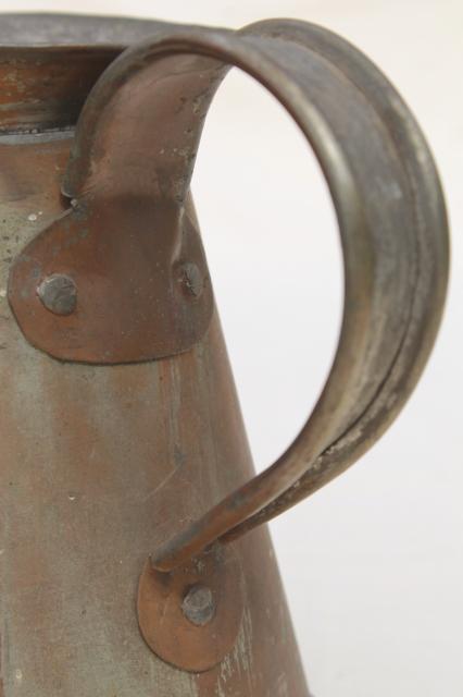 photo of rustic primitive vintage copper pitcher or water jug, hand wrought soldered copper #10