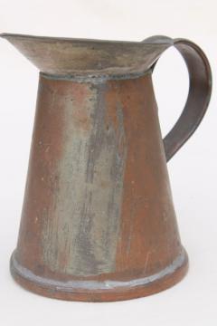 catalog photo of rustic primitive vintage copper pitcher or water jug, hand wrought soldered copper