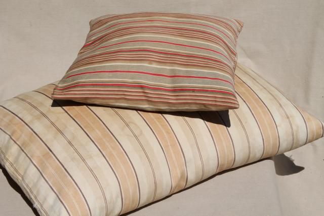 photo of rustic primitive vintage feather pillows w/ old wide brown striped ticking #1