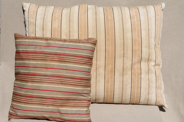 photo of rustic primitive vintage feather pillows w/ old wide brown striped ticking #2