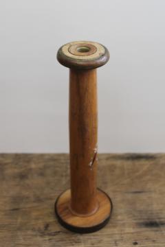 catalog photo of rustic primitive vintage wood spindle, large wooden spool from weaving or spinning mill