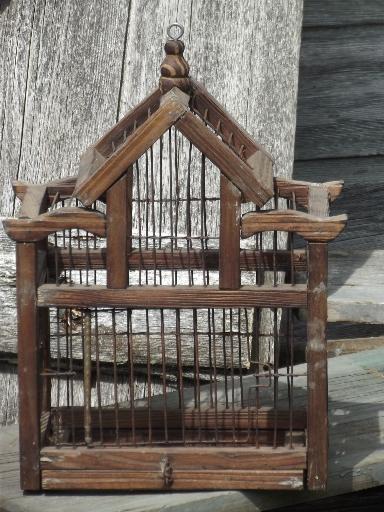 photo of rustic primitive wood & wire bird cage, small birdcage for display #1