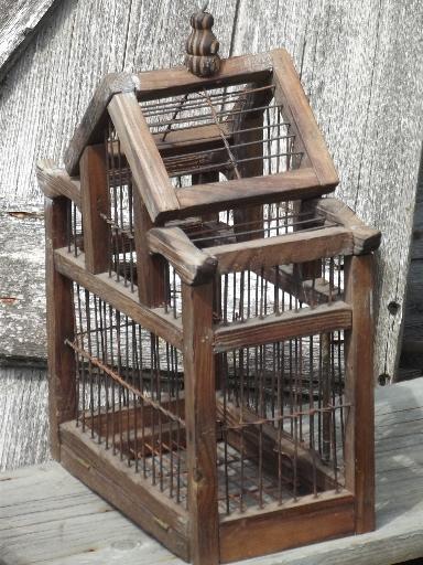 photo of rustic primitive wood & wire bird cage, small birdcage for display #2