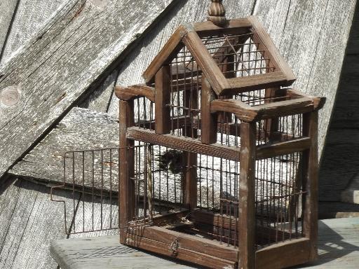 photo of rustic primitive wood & wire bird cage, small birdcage for display #3