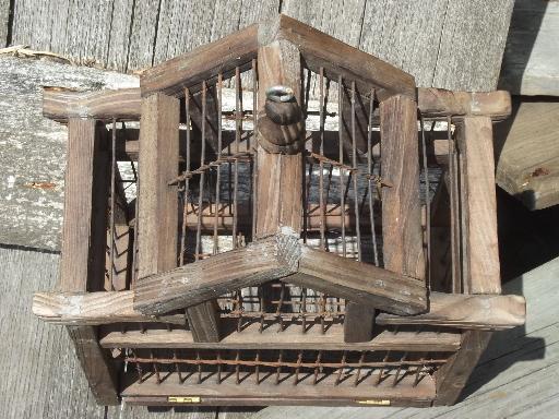 photo of rustic primitive wood & wire bird cage, small birdcage for display #5