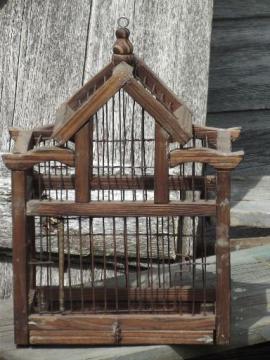 catalog photo of rustic primitive wood & wire bird cage, small birdcage for display