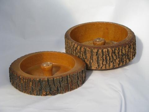 photo of rustic rough bark vintage wood log bowls, old wooden nut bowl lot #1