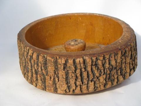 photo of rustic rough bark vintage wood log bowls, old wooden nut bowl lot #2