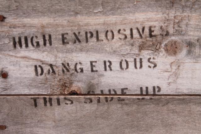 photo of rustic rough old weathered wood box stamped High Explosives, vintage packing crate #7