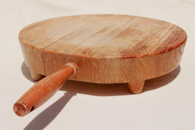 photo of rustic rough round wood cheese or bread board, Nevco cutting board w/ wooden handle #2