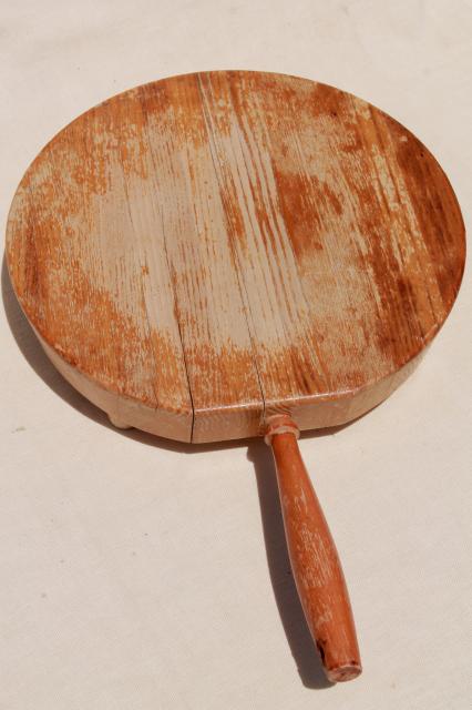 photo of rustic rough round wood cheese or bread board, Nevco cutting board w/ wooden handle #3