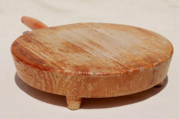 catalog photo of rustic rough round wood cheese or bread board, Nevco cutting board w/ wooden handle