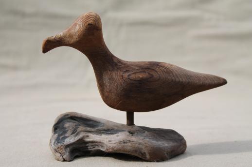 photo of rustic rough wood carved birds, shore bird wood carvings art sculpture on driftwood #7