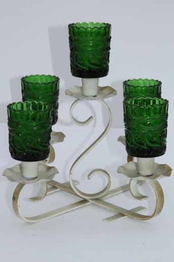 photo of rustic shabby vintage Christmas wrought iron centerpiece w/ green glass votive candle holders #1