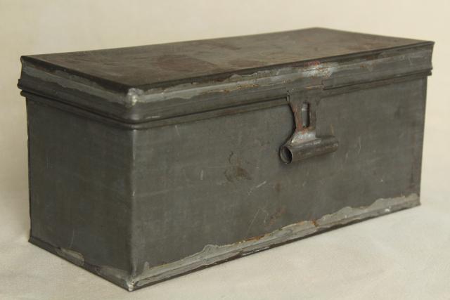 photo of rustic storage box w/ hinged lid, vintage galvanized zinc metal industrial toolbox #1