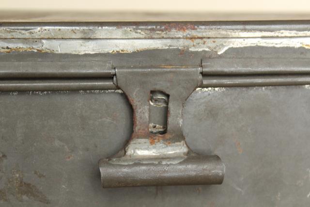 photo of rustic storage box w/ hinged lid, vintage galvanized zinc metal industrial toolbox #2