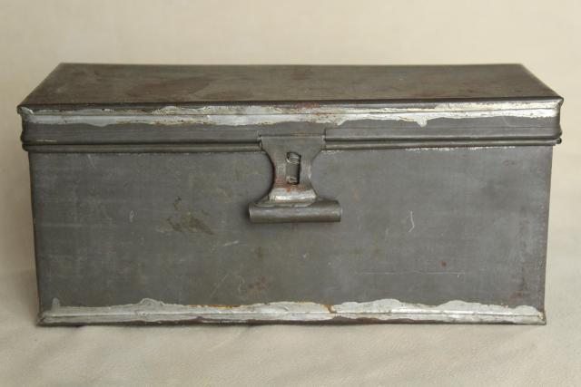 photo of rustic storage box w/ hinged lid, vintage galvanized zinc metal industrial toolbox #3