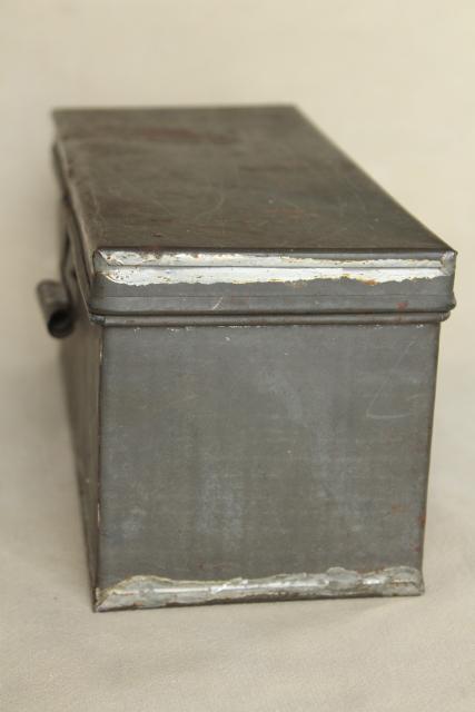 photo of rustic storage box w/ hinged lid, vintage galvanized zinc metal industrial toolbox #4