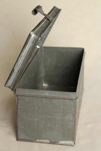 photo of rustic storage box w/ hinged lid, vintage galvanized zinc metal industrial toolbox #6