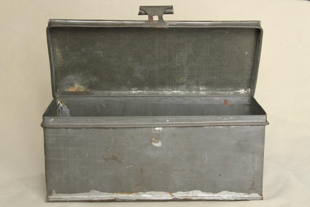 photo of rustic storage box w/ hinged lid, vintage galvanized zinc metal industrial toolbox #7