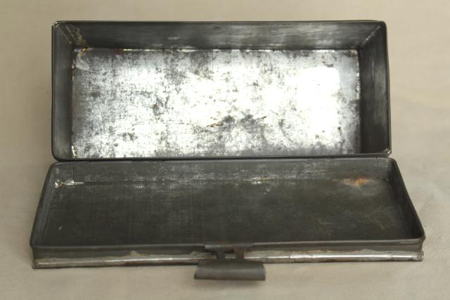 photo of rustic storage box w/ hinged lid, vintage galvanized zinc metal industrial toolbox #8