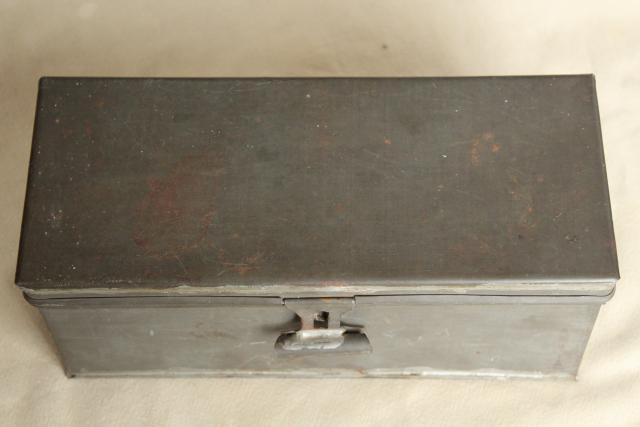 photo of rustic storage box w/ hinged lid, vintage galvanized zinc metal industrial toolbox #9