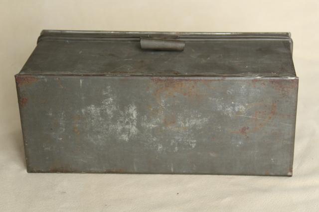 photo of rustic storage box w/ hinged lid, vintage galvanized zinc metal industrial toolbox #10