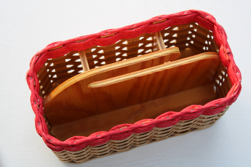 photo of rustic style handcrafted woven basket artist signed, tote or caddy organizer w/ wood handle #2