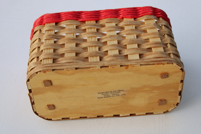 photo of rustic style handcrafted woven basket artist signed, tote or caddy organizer w/ wood handle #4