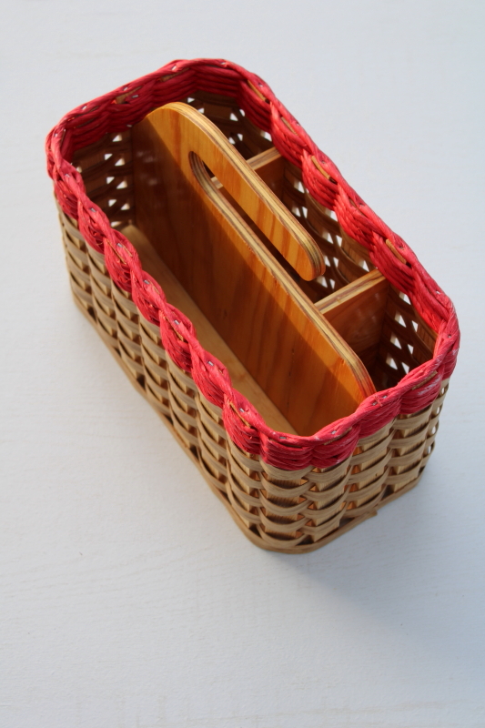 photo of rustic style handcrafted woven basket artist signed, tote or caddy organizer w/ wood handle #5