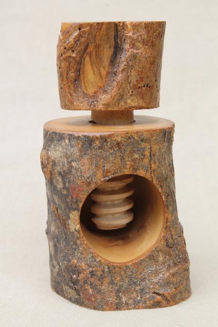 photo of rustic tree bark log wood nutcracker, handmade wooden screw type nut cracker #1