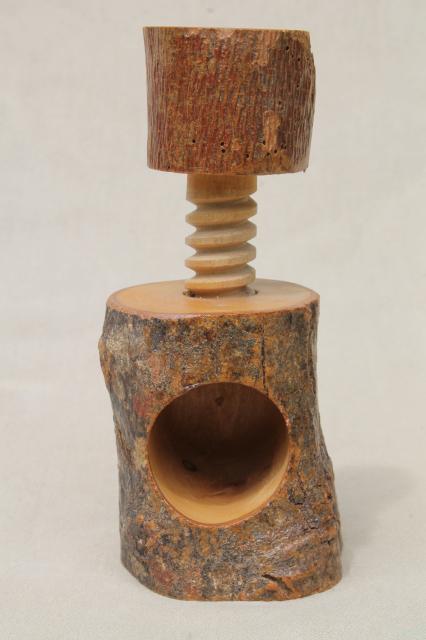 photo of rustic tree bark log wood nutcracker, handmade wooden screw type nut cracker #4